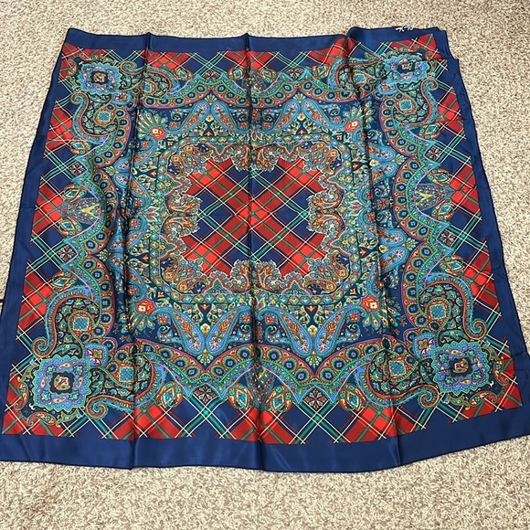 Vintage 90s Satin Silk Blend w/ Paisley & Plaid Print Bandana Scarf - Picture 3 of 5